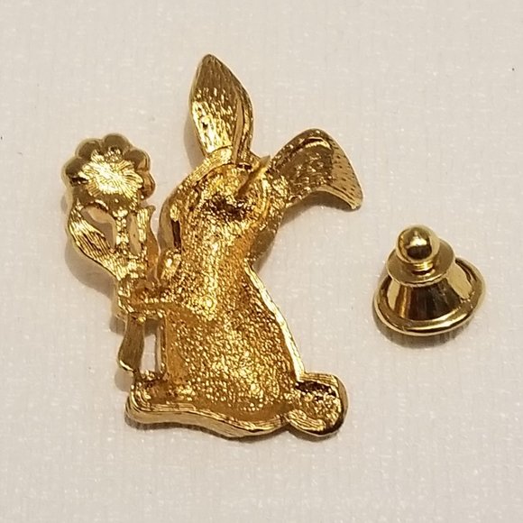 Vtg goldtone Avon bunny pin w pink enamel rhinestone flower - Picture 5 of 9